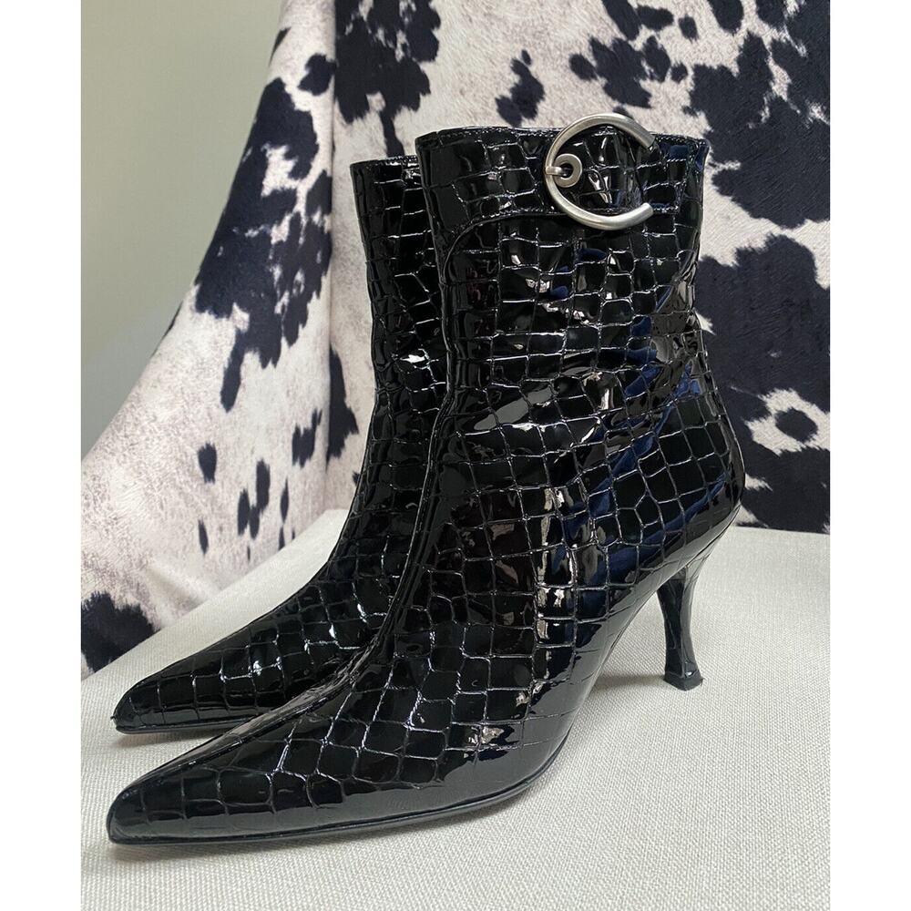 Stuart Weitzman Black Croc-Embossed Ankle Boots